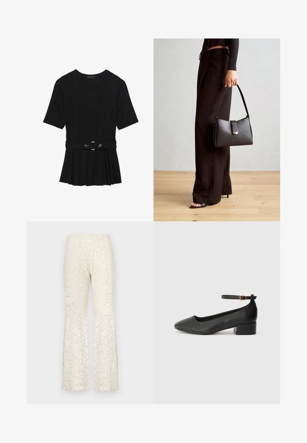 Zwart топ met korte mouwen van glad materiaal, voorzien van een peplum ontwerp en een riem in de taille met twee ronde, zilverkleurige knopen.; Kanten flared broeken in off-white kleur, met een bloemenpatroon over de gehele lengte, een gladde textuur en een aansluitende taille.; Zwarte leren pump met een spitse neus en een lage blokhak. Beschikt over een enkelband met een goudkleurige gespsluiting. Gladde textuur.; Zwarte handtas met gestructureerde vorm, gladde textuur en een metalen sluiting. Gecombineerd met brede zwarte broeken en sandalen met open teen op een houten vloer.