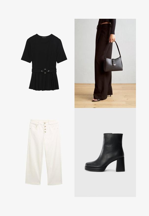 Top negru cu mâneci scurte, realizat dintr-un material neted, cu un design peplum și o talie beltată cu două butoane rotunde de culoare argintie.; Jeans albe cu picioare largi, cu cinci nasturi la fermoar, buzunare frontale și o textură netedă. Picioare cu tăietură dreaptă, cu margini curate și detalii de cusătură subtile.; Botină din piele neagră, cu toc pătrat și talpă platformă, văzută din lateral pe un fundal alb simplu.; Genți negre cu o formă structurată, textură netedă și un închizător metalic. Asortată cu pantaloni negri largi și sandale cu vârf deschis pe un podea din lemn.