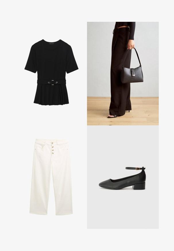 Juodas trumpomis rankovėmis viršus, pagamintas iš lygaus audinio, su peplum dizainu ir su diržu juosmenyje, papuoštas dviem apvaliomis sidabro spalvos mygtukais.; Balti plačios džinsinės kelnes su penkių sagų užtrauktuku, priekinėmis kišenėmis ir lygiu paviršiumi. Tiesi apykaklė su švariais kraštais ir subtiliomis siūlėmis.; Juodas odinis aukštakulnis batelis su smailiu pirštu ir žemu bloku. Su kulkšnies dirželiu su auksinės spalvos sagtimi. Lygus paviršius.; Juodas rankinė struktūrizuota forma, lygi tekstūra ir metalinis užsegimas. Suporuota su plačiomis juodomis kelnėmis ir atvirais bateliais ant medinių grindų.