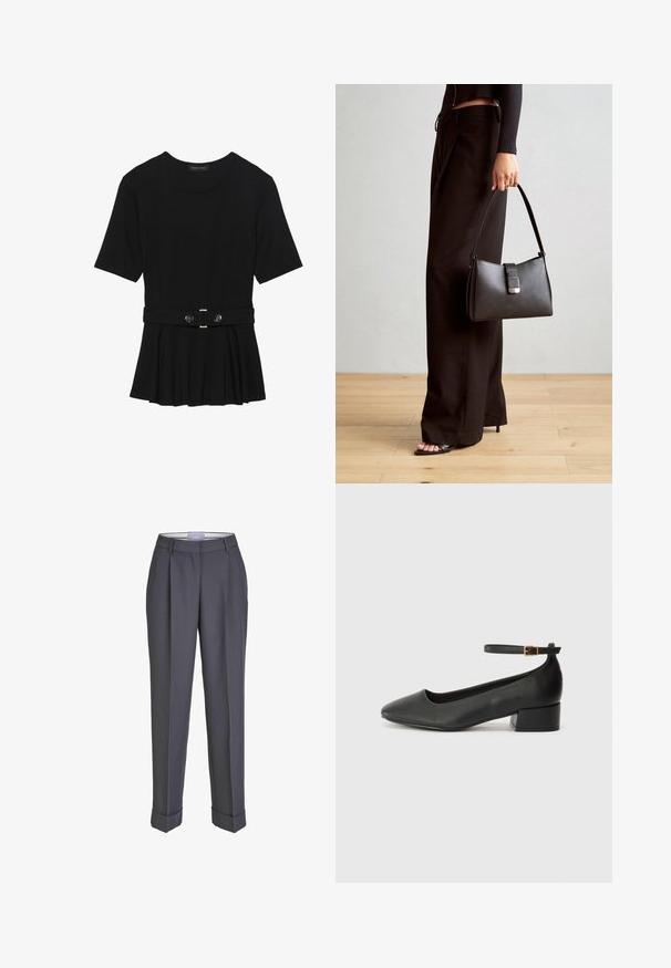 Top preto de mangas curtas, feito de material suave, com design peplum e uma cintura cinto com dois botões redondos em tom prateado.; Calças ajustadas em cinza escuro com um design de perna reta, frente pregueada e punhos dobrados. Feitas de um tecido suave, apresentando uma cintura clássica.; Sandal de pele preta com bico pontiagudo e um salto bloco baixo. Apresenta uma tira no tornozelo com uma fivela em tom dourado. Textura suave.; Bolsa preta com forma estruturada, textura suave e um fecho metálico. Combinada com calças largas pretas e sandálias de salto aberto sobre um chão de madeira.