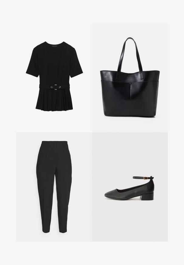 Top negro de manga corta fabricado en un material suave, con un diseño de peplum y una cintura ceñida con un cinturón que incluye dos botones redondos en tono plateado.; Los pantalones negros ajustados presentan una cintura alta, pliegues frontales, piernas ajustadas y una textura suave. Están fabricados con una tela ligera y no tienen cierres visibles.; Zapato de tacón negro de cuero con punta afilada y tacón bajo cuadrado. Presenta una correa para el tobillo con una hebilla en tono dorado. Textura suave.; Bolso tote de cuero negro con dos asas largas, textura suave y forma estructurada. Cuenta con un bolsillo frontal para almacenamiento adicional.