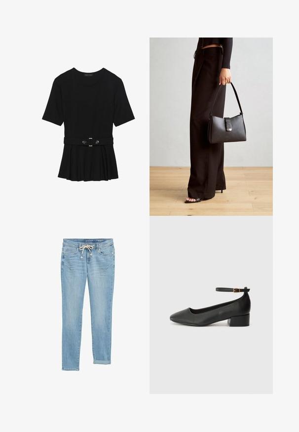 Zwart топ met korte mouwen van glad materiaal, voorzien van een peplum ontwerp en een riem in de taille met twee ronde, zilverkleurige knopen.; Lichtblauwe denim jeans met een rechte pasvorm, elastische drawstring taille, opgerolde cuffs en front pockets. Ontworpen met subtiele vervagingen.; Zwarte leren pump met een spitse neus en een lage blokhak. Beschikt over een enkelband met een goudkleurige gespsluiting. Gladde textuur.; Zwarte handtas met gestructureerde vorm, gladde textuur en een metalen sluiting. Gecombineerd met brede zwarte broeken en sandalen met open teen op een houten vloer.