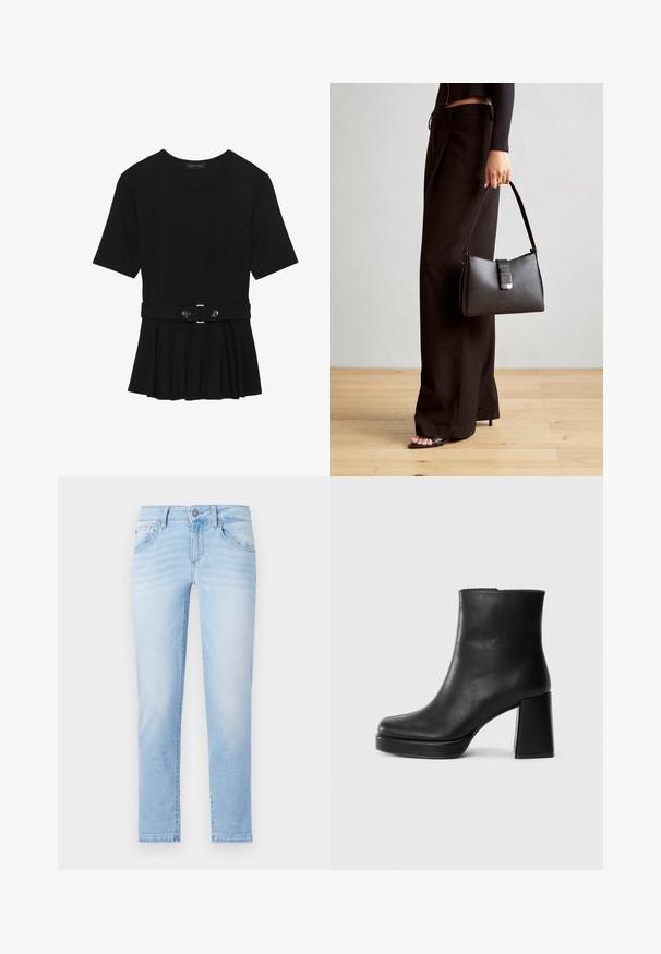 Fekete, rövid ujjú felső sima anyagból, peplum fazonnal és övvel a deréknál, két kerek, ezüst árnyalatú gombbal.; Világoskék farmernadrág egyenes szabással, öt zsebbel és enyhe kopásokkal. Fém gombos záródással és övhurkokkal rendelkezik.; Fekete bőr bokacsizma tömbsarkal és platform talppal, oldalról nézve, sima fehér háttéren.; Fekete kézi táska strukturált formával, sima textúrával és fémből készült záródással. Széles fekete nadrággal és nyitott orrú szandállal párosítva, fából készült padlón.