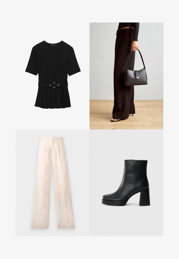 Melnas īsām piedurknēm topiņš, izgatavots no gludas materiāla, ar pepluma dizainu un jostu ar divām apaļām sudraba krāsas pogām.; Bežīgas platjakas bikses izgatavotas no lina ar gludu tekstūru, ar priekšējiem krokām un tīru, vienkāršu jostas dizainu.; Melna ādas potīšu zābaku ar bloku papēdi un platformas zoli, skatīts no sāna uz vienkārša balta fona.; Melnā somiņa ar strukturētu formu, gludu tekstūru un metālu sprādzi. Saskaņota ar platām melnām biksēm un sandālēm ar atvērtu purngalu uz koka grīdas.