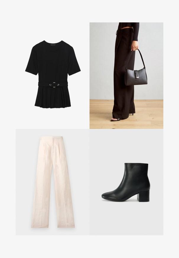 Haut noir à manches courtes fabriqué en matériau lisse, avec un design peplum et une taille ceinturée ornée de deux boutons ronds en métal argenté.; Pantalons en lin beige à jambes larges avec une texture lisse, dotés de plis avant et d'une ceinture épurée et simple.; Bottines en cuir noir avec un bout pointu et un talon épais. Texture lisse avec des accents minimalistes et un design élégant et ajusté.; Sac à main noir à la forme structurée, texture lisse et fermoir métallique. Associé à un pantalon noir ample et des sandales ouvertes sur un sol en bois.