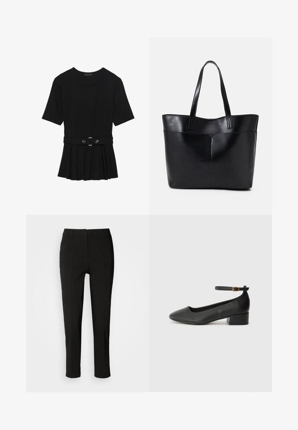 Crna majica kratkih rukava od glatkog materijala, s peplum dizajnom i pojasom s dva okrugla srebrna dugmeta.; Crne krojene hlače slim kroja, ravnog prednjeg dijela, bez vidljivih džepova, s glatkom teksturom i čistim završetkom na rubu.; Crne kožne pumpe s oštrim vrhom i niskom blok petom. Sadrže remen oko gležnja s zlatnim kopčanjem. Glatka tekstura.; Crna kožna torba s dugim ručkama, glatkom teksturom i strukturiranim oblikom. Ima prednju džep za dodatno pohranu.