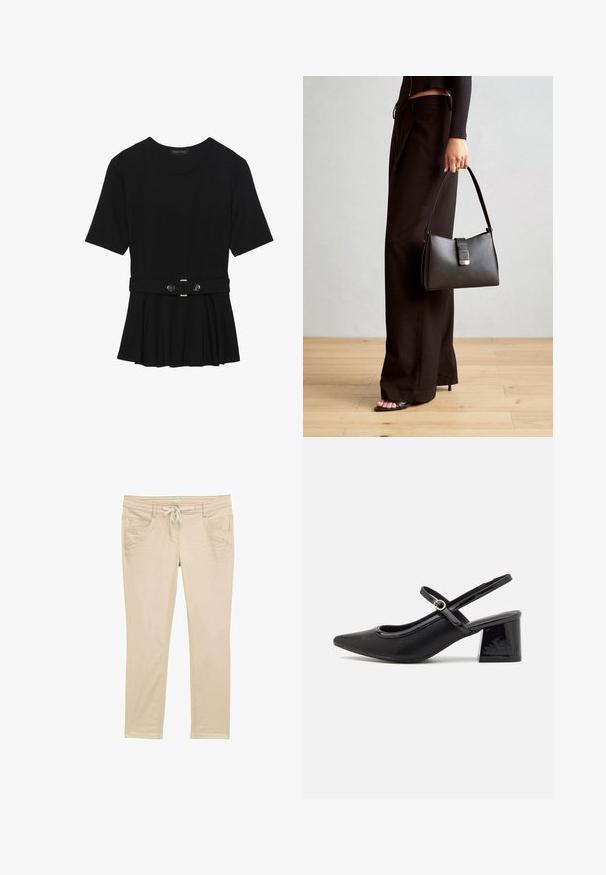 Črn kratek rokav srajca iz gladkega materiala, z obliko pepluma in pasom s pasom ter dvema okroglega srebrno-toniranima gumboma.; Bež hlače iz mehkega materiala; imajo elastičen pas, dva sprednja žepa in prilegajočo se zasnovo z diskretnimi šivi.; Črne patentne usnjene salonarce s slingback obliko, s koničastim nosom, zaobljenim izrezom in blok peto. Imajo zlato kovinsko zaponko kot dodatno okrasje.; Črna torbica z strukturirano obliko, gladko teksturo in kovinskim zaponko. Ujemajo se z širokimi črnimi hlačami in odprtimi sandali na lesenem tleh.