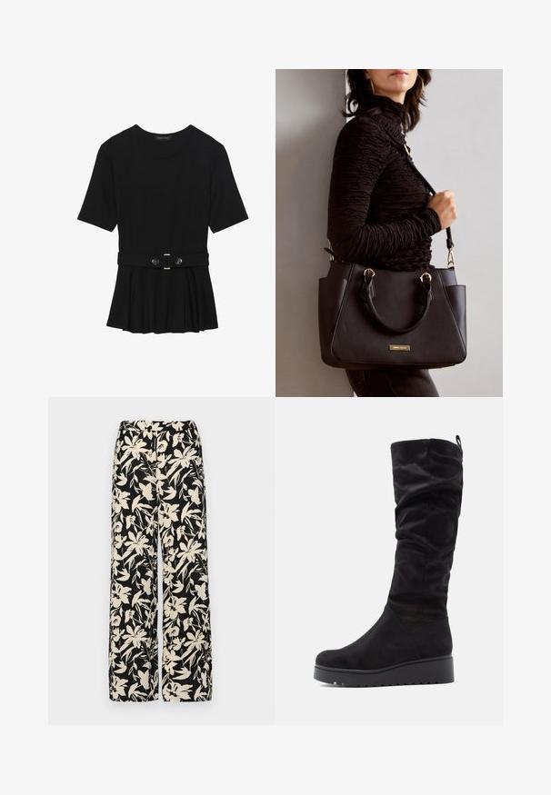 Top preto de mangas curtas, feito de material suave, com design peplum e uma cintura cinto com dois botões redondos em tom prateado.; Calças largas pretas com um padrão floral creme. Feitas de um tecido leve, apresentando uma textura suave e uma cintura alta.; Botas de camurça pretas até ao joelho com um design franzido, biqueira arredondada e sola de plataforma espessa com detalhes texturizados.; Bolsa preta com superfície texturizada, alças superiores duplas e alça de ombro ajustável. Apresenta ferragens em tom dourado e bolsos laterais.