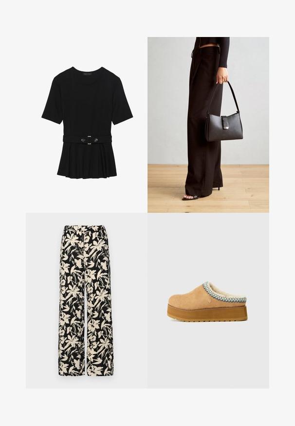 Čierny krátky rukáv top vyrobený z hladkého materiálu, so strihom peplum a opaskom v páse so syntetickými guľatými striebornými gombíkmi.; Čierne nohavice s širokými nohavicami a krémovým kvetinovým vzorom. Vyrobené z ľahkej látky, s hladkou textúrou a vysokým pásom.; Tanské slip-on šlapky s textúrovaným semišovým zvrškom, plyšovým podšívkovaním a farebným tkaným akcentom okolo goliera. Hrubá platformová podrážka.; Čierna kabelka so štruktúrovaným tvarom, hladkou textúrou a kovovou sponou. V kombinácii so širokými čiernymi nohavicami a sandálmi s otvorenou špičkou na drevenej podlahe.