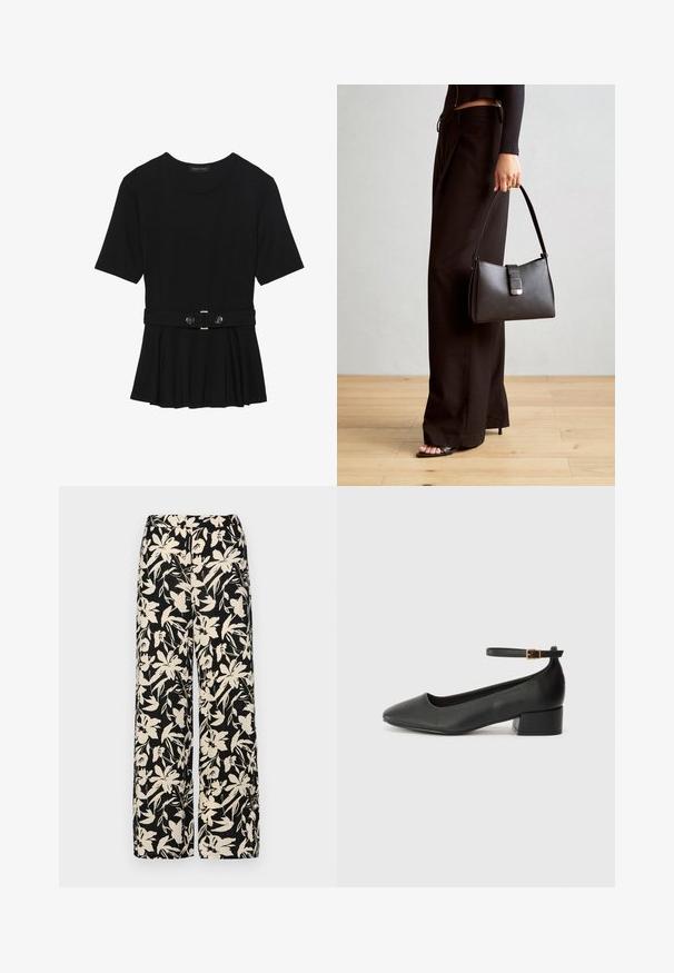 Zwart топ met korte mouwen van glad materiaal, voorzien van een peplum ontwerp en een riem in de taille met twee ronde, zilverkleurige knopen.; Zwarte wijde broek met een crèmekleurig bloemenpatroon. Gemaakt van lichtgewicht stof, met een zachte textuur en een hoge tailleband.; Zwarte leren pump met een spitse neus en een lage blokhak. Beschikt over een enkelband met een goudkleurige gespsluiting. Gladde textuur.; Zwarte handtas met gestructureerde vorm, gladde textuur en een metalen sluiting. Gecombineerd met brede zwarte broeken en sandalen met open teen op een houten vloer.