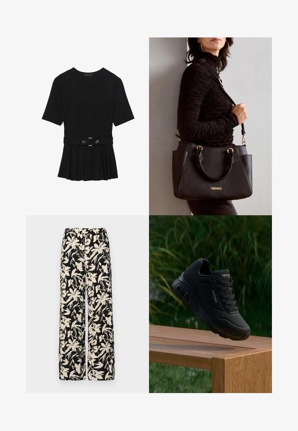 Black short-sleeve top made of smooth material, featuring a peplum design and a belted waist with two round, silver-tone buttons.; Black wide-leg pants with a cream floral pattern. Made of lightweight fabric, featuring a smooth texture and a high waistband.; Black sneaker with textured upper, padded collar, and laces. Features air cushioning, logo details, and a flexible rubber sole.; Black handbag with textured surface, dual top handles, and adjustable shoulder strap. Features gold-tone hardware and side pockets.