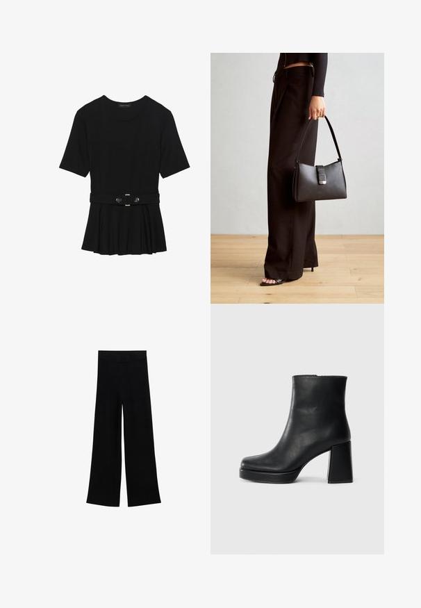 Schwarzes Kurzarmoberteil aus glattem Material, mit einem Peplum-Design und einem taillierten Bund, der mit zwei runden, silberfarbenen Knöpfen ausgestattet ist.; Schwarze weit geschnittene Hose mit hohem Bund, glatter Textur und klaren Linien, im langen Schnitt ohne sichtbare Muster oder Akzente.; Schwarze Leder-Stiefelette mit Blockabsatz und Plattformsohle, seitlich auf einem schlichten weißen Hintergrund betrachtet.; Schwarze Handtasche mit strukturierter Form, glatter Textur und einem metallischen Verschluss. Kombiniert mit weiten schwarzen Hosen und offenen Sandalen auf einem Holzboden.