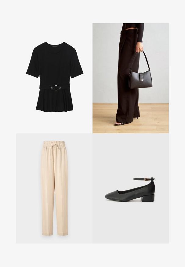 Zwart топ met korte mouwen van glad materiaal, voorzien van een peplum ontwerp en een riem in de taille met twee ronde, zilverkleurige knopen.; Beige, lichtgewicht broeken met een elastische tailleband, trekkoorddetails en een recht model. Gleedende textuur, minimalistische stijl.; Zwarte leren pump met een spitse neus en een lage blokhak. Beschikt over een enkelband met een goudkleurige gespsluiting. Gladde textuur.; Zwarte handtas met gestructureerde vorm, gladde textuur en een metalen sluiting. Gecombineerd met brede zwarte broeken en sandalen met open teen op een houten vloer.