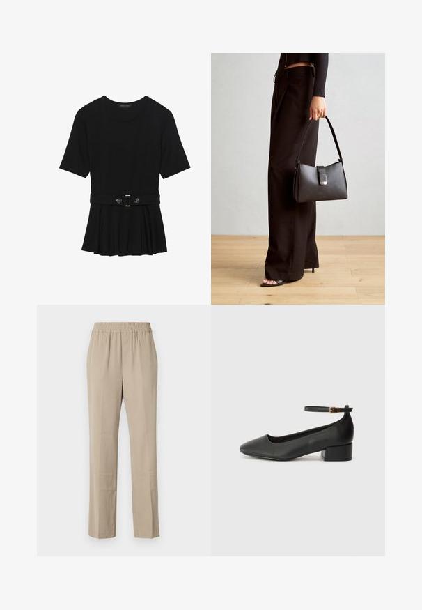 Must mustriga lühikeste varrukatega tipp, valmistatud siledast materjalist, millel on peplum-disain ja vöödiga talje, millel on kaks ümmargust, hõbedase tooni nuppu.; Bežid kerged püksid elastse vöökohtaga, sirge säärekujundusega, pehme tekstuuriga ja õrnade voldikestega. Ilma nähtavate taskuteta.; Must mustaapp, millel on terav nina ja madal blokk-kand. Omab pahkluu rihma koos kuldse tooni pandlaga. Sile tekstuur.; Must musta kott, millel on struktureeritud kuju, sile tekstuur ja metallist klamber. Kombineeritud laiate mustade pükstega ja avatud varvaste sandaalidega puidust põrandal.