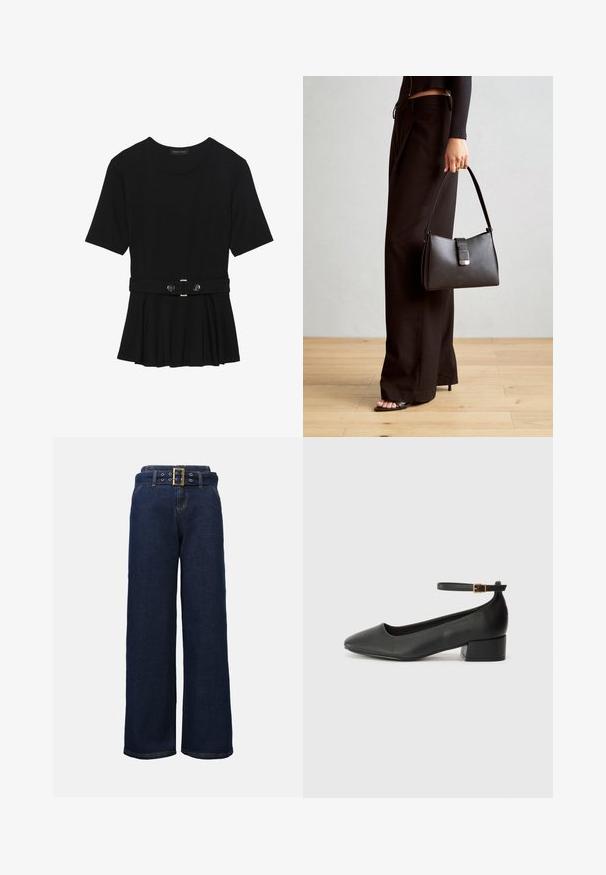 Top preto de mangas curtas, feito de material suave, com design peplum e uma cintura cinto com dois botões redondos em tom prateado.; Jeans de perna larga em denim azul escuro, com cintura alta, um cinto de tecido correspondente com uma fivela dourada, e detalhes de costura reforçada.; Sandal de pele preta com bico pontiagudo e um salto bloco baixo. Apresenta uma tira no tornozelo com uma fivela em tom dourado. Textura suave.; Bolsa preta com forma estruturada, textura suave e um fecho metálico. Combinada com calças largas pretas e sandálias de salto aberto sobre um chão de madeira.