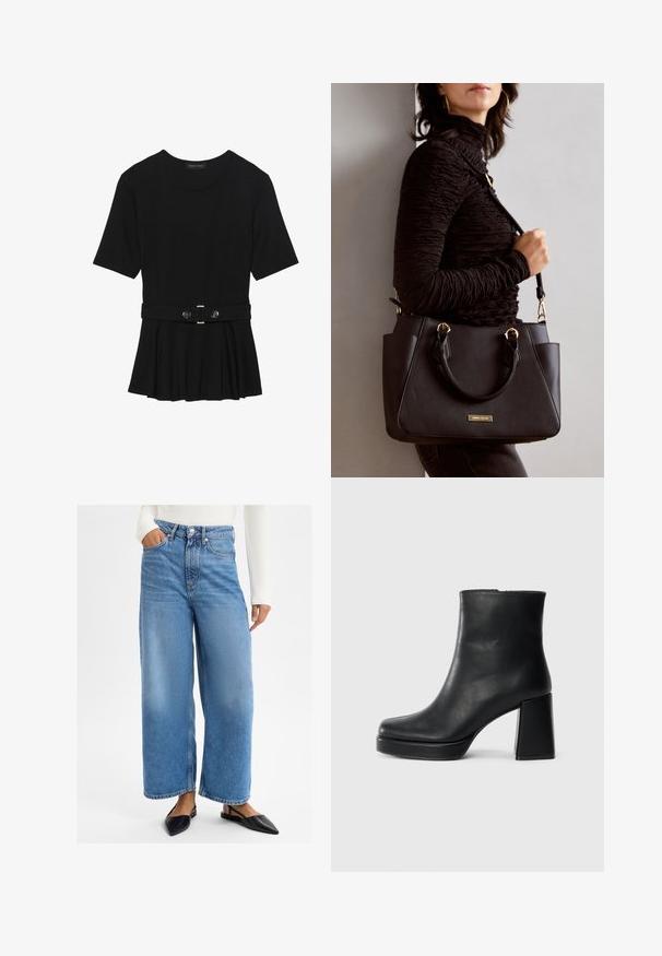 Must mustriga lühikeste varrukatega tipp, valmistatud siledast materjalist, millel on peplum-disain ja vöödiga talje, millel on kaks ümmargust, hõbedase tooni nuppu.; Heledad sinine teksariie laiad püksid kõrge vöökohaga, viie taskuga disain ja metallist nööbiga kinnitamine. Sile tekstuur ja vaba lõige.; Must musta ankle boot, milleplokk-konts ja platvormi tallaga, vaadatud küljelt ühetoonilise valge tausta peal.; Musthave must kott, millel on tekstuurne pind, kaks ülemist käepidet ja reguleeritav õlarihm. Omab kuldse tooni riistu ja külgtaskuid.