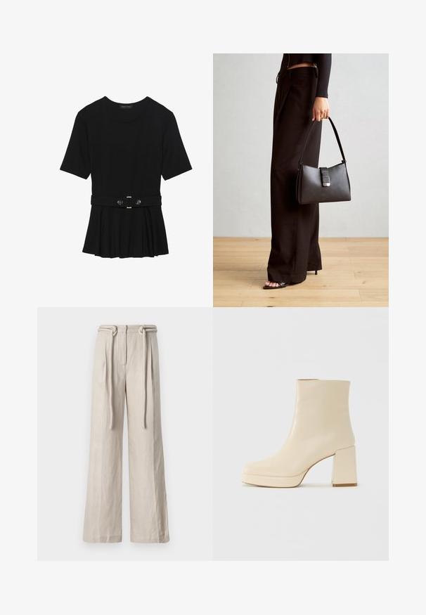 Top negro de manga corta fabricado en un material suave, con un diseño de peplum y una cintura ceñida con un cinturón que incluye dos botones redondos en tono plateado.; Pantalones de pierna ancha en lino beige claro con una cintura alta, pliegues frontales y un detalle de cinturón atado. Textura suave y ajuste relajado.; Botín de cuero beige hasta el tobillo con tacón bloque y suela de plataforma, de acabado liso y puntera ligeramente cuadrada, mirando a la izquierda sobre fondo blanco.; Bolso negro con forma estructurada, textura suave y un cierre metálico. Combinado con pantalones anchos negros y sandalias de dedo en un suelo de madera.