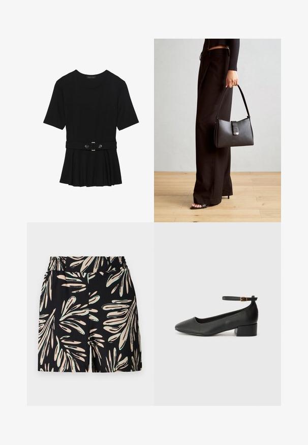 Schwarzes Kurzarmoberteil aus glattem Material, mit einem Peplum-Design und einem taillierten Bund, der mit zwei runden, silberfarbenen Knöpfen ausgestattet ist.; Schwarze Shorts mit einem Blattmuster in hellbeige und mintgrün, aus strukturiertem Stoff und mit elastischem Bund.; Schwarze Lederpumps mit spitzem Zehenbereich und niedrigem Blockabsatz. Mit einem Knöchelriemen und einer goldfarbenen Schnalle. Glatte Textur.; Schwarze Handtasche mit strukturierter Form, glatter Textur und einem metallischen Verschluss. Kombiniert mit weiten schwarzen Hosen und offenen Sandalen auf einem Holzboden.
