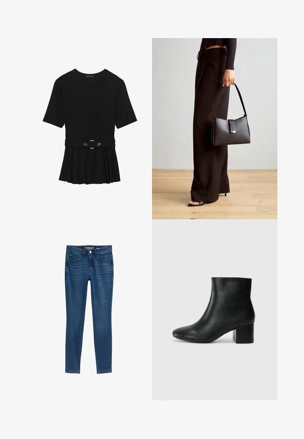 Top negro de manga corta fabricado en un material suave, con un diseño de peplum y una cintura ceñida con un cinturón que incluye dos botones redondos en tono plateado.; Jeans de denim en azul oscuro con corte slim. Presenta un diseño clásico de cinco bolsillos, cierre de botón y detalles de costura. Textura suave.; Botas de cuero negras hasta el tobillo con una punta afilada y un tacón grueso. Textura lisa con acentos mínimos y un diseño elegante y ajustado.; Bolso negro con forma estructurada, textura suave y un cierre metálico. Combinado con pantalones anchos negros y sandalias de dedo en un suelo de madera.