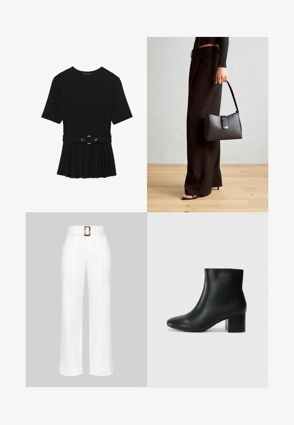 Top negro de manga corta fabricado en un material suave, con un diseño de peplum y una cintura ceñida con un cinturón que incluye dos botones redondos en tono plateado.; Pantalones de pierna ancha blancos, fabricados en algodón. Presentan una cintura alta con una gran hebilla rectangular, y detalles cosidos a lo largo de las piernas.; Botas de cuero negras hasta el tobillo con una punta afilada y un tacón grueso. Textura lisa con acentos mínimos y un diseño elegante y ajustado.; Bolso negro con forma estructurada, textura suave y un cierre metálico. Combinado con pantalones anchos negros y sandalias de dedo en un suelo de madera.