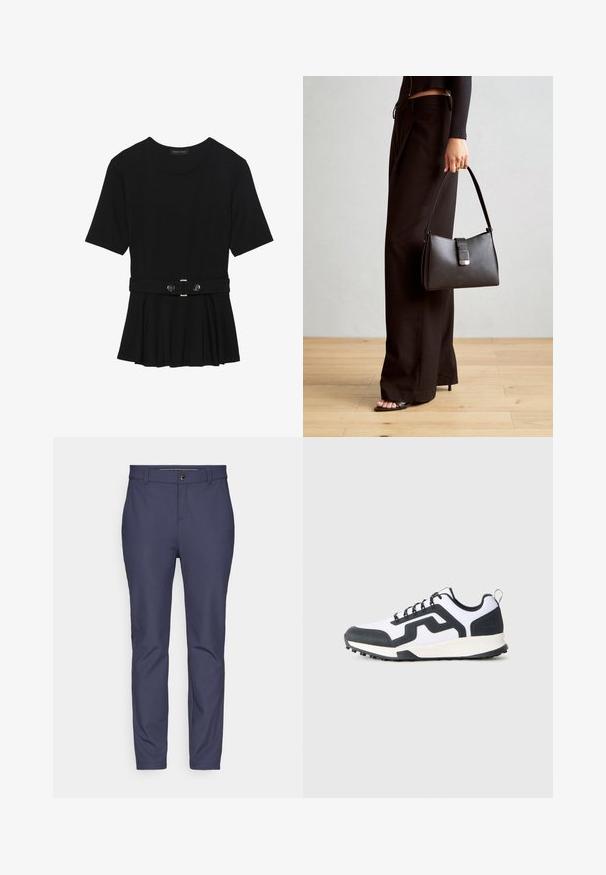 Black short-sleeve top made of smooth material, featuring a peplum design and a belted waist with two round, silver-tone buttons.; Navy blue pants made of stretchy fabric with a smooth texture, featuring a standard waistband with a button closure and tapered legs.; White and black low-top sneaker with patterned rubber sole and zigzag design along side, shown from the outer side on a plain background.; Black handbag with structured shape, smooth texture, and a metallic clasp. Paired with wide black pants and open-toe sandals on wooden floor.