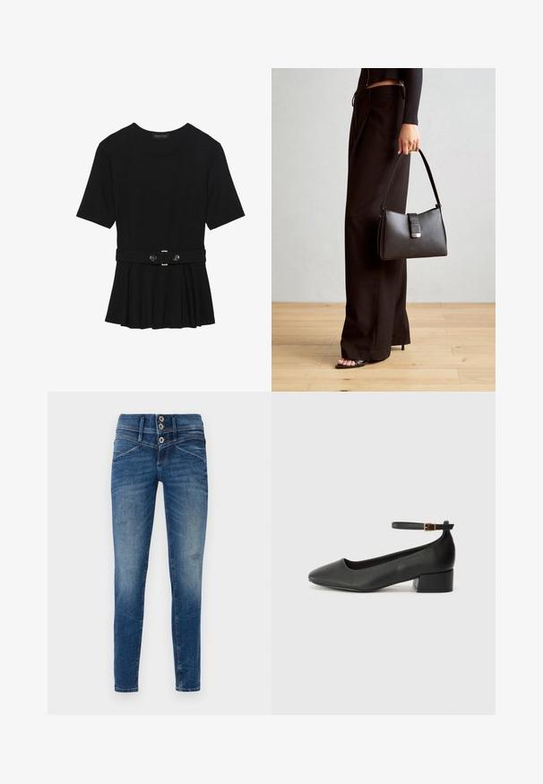 Top corto nero a maniche corte realizzato in materiale liscio, con design peplum e vita cintata adornata da due bottoni tondi in tono argento.; Jeans skinny in denim blu scuro con finitura sbiadita, dotati di vita alta, chiusura con due bottoni e dettagli strappati sulle gambe.; Pump in pelle nera con punta affusolata e tacco basso a blocco. Presenta una cinghia alla caviglia con una fibbia in tonalità oro. Texture liscia.; Borsa nera con forma strutturata, texture liscia e una chiusura metallica. Abbinata a pantaloni neri larghi e sandali open-toe su un pavimento in legno.