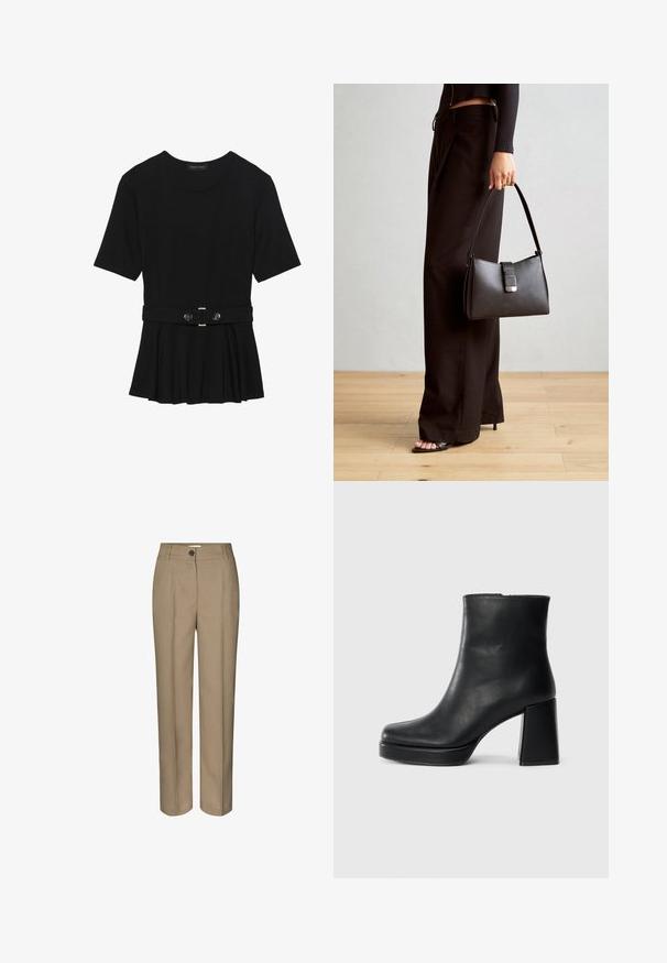 Zwart топ met korte mouwen van glad materiaal, voorzien van een peplum ontwerp en een riem in de taille met twee ronde, zilverkleurige knopen.; Beige tailored trousers met een rechte broekspijpen ontwerp, voorzien van een enkele knoopsluiting en een schone voorplooien. Gemaakt van een gladde stof.; Zwarte leren enkelboot met een blokhak en platformzool, zijaanzicht op een effen witte achtergrond.; Zwarte handtas met gestructureerde vorm, gladde textuur en een metalen sluiting. Gecombineerd met brede zwarte broeken en sandalen met open teen op een houten vloer.