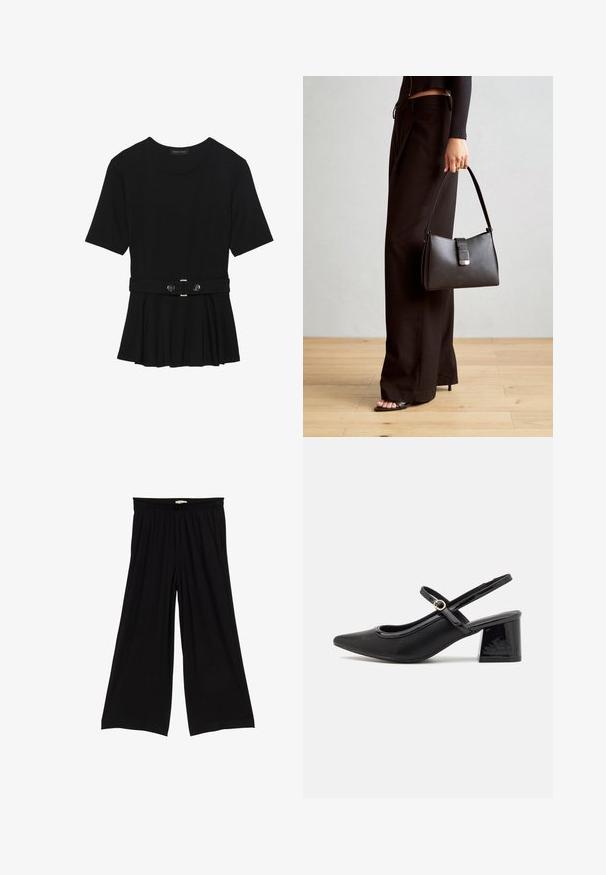 Haut noir à manches courtes fabriqué en matériau lisse, avec un design peplum et une taille ceinturée ornée de deux boutons ronds en métal argenté.; Pantalon large noir avec une taille élastique. Le tissu est lisse avec un drapé subtil, créant une silhouette décontractée. Pas de motifs ni d'accents.; Escarpins slingback en cuir verni noir avec un embout pointu, un design à découpes arrondies et un talon carré. Présente un accent de boucle en ton doré.; Sac à main noir à la forme structurée, texture lisse et fermoir métallique. Associé à un pantalon noir ample et des sandales ouvertes sur un sol en bois.