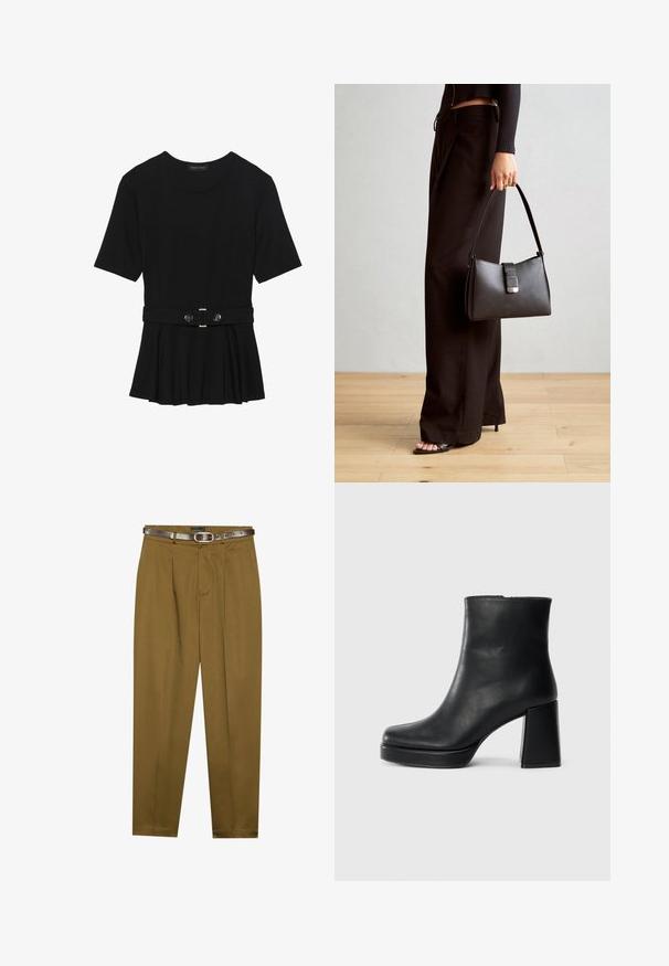 Top negro de manga corta fabricado en un material suave, con un diseño de peplum y una cintura ceñida con un cinturón que incluye dos botones redondos en tono plateado.; Pantalones marrones, ajustados, con frente plisado y cinturilla ceñida. Incluye un cinturón de cuero marrón oscuro con hebilla redonda.; Botín de cuero negro con tacón cuadrado y suela de plataforma, visto de lado sobre un fondo blanco liso.; Bolso negro con forma estructurada, textura suave y un cierre metálico. Combinado con pantalones anchos negros y sandalias de dedo en un suelo de madera.