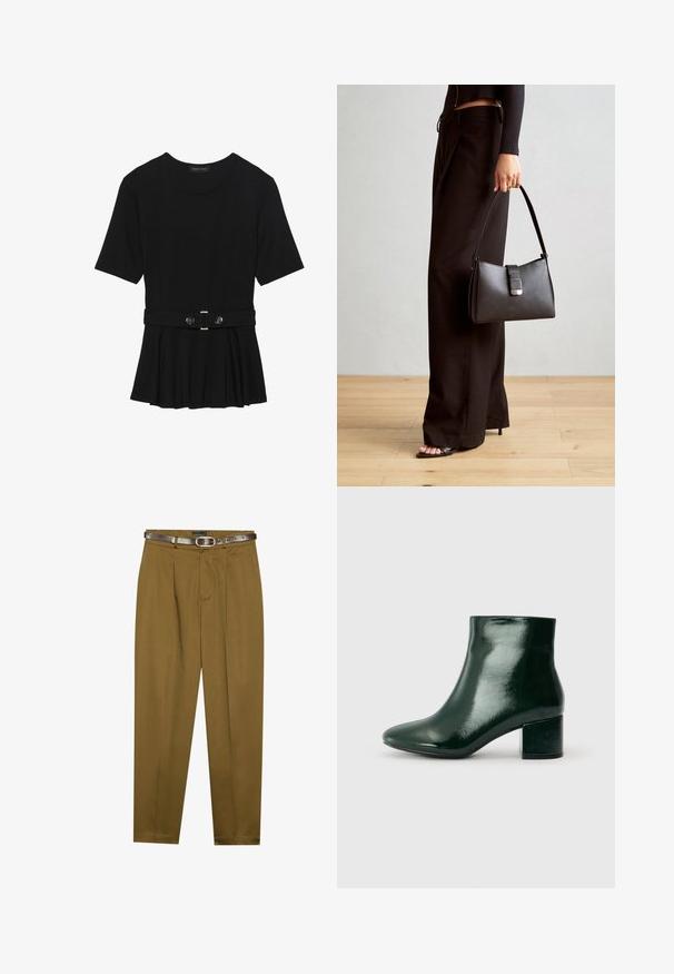 Schwarzes Kurzarmoberteil aus glattem Material, mit einem Peplum-Design und einem taillierten Bund, der mit zwei runden, silberfarbenen Knöpfen ausgestattet ist.; Braune, maßgeschneiderte Hosen mit einem gefalteten Vorderteil und einem figurschmeichelnden Bund. Dunkelbrauner Leder-Gürtel enthalten, mit einer runden Schnalle.; Grüne Lackleder-Stiefeletten mit runder Zehenpartie und Blockabsatz. Glatte Oberfläche mit glänzendem Finish, das ein modernes Design zur Schau stellt.; Schwarze Handtasche mit strukturierter Form, glatter Textur und einem metallischen Verschluss. Kombiniert mit weiten schwarzen Hosen und offenen Sandalen auf einem Holzboden.
