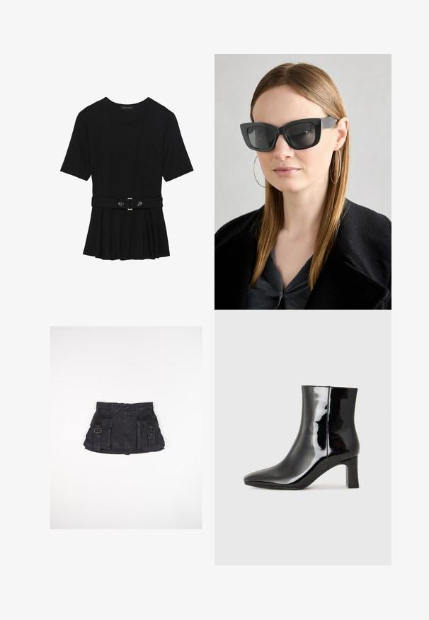 Top negro de manga corta fabricado en un material suave, con un diseño de peplum y una cintura ceñida con un cinturón que incluye dos botones redondos en tono plateado.; Mini falda de mezclilla negra con dos bolsillos frontales, hebillas laterales y una cintura ajustada. Presenta una textura suave y un dobladillo recto.; Botín de charol negro con punta afilada y un tacón de bloque de altura media. Textura suave y diseño minimalista.; Gafas de sol de gato negro con lentes oscuros, montura gruesa y acentos sutiles. Llevadas con un abrigo negro y una blusa gris, presentando cabello largo y liso.