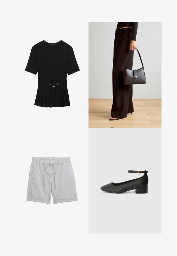 Musta lyhythihainen paita, joka on valmistettu sileästä materiaalista ja jossa on peplum-muotoilu sekä vyötäröllä vyö, jossa on kaksi pyöreää hopeanväristä nappia.; Kevyt puuvillashortsit, joissa on pystysuorat siniset ja valkoiset raidat. Ominaisuuksiin kuuluu joustava vyötärö, jossa on naru ja sivutaskut. Hiat on käännetty.; Mustat nahkakengät, joissa on terävä kärki ja matala lohkare korko. Varustettu nilkkahihnalla, jossa on kultasävyinen solki. Lisää sileä pinta.; Musta käsilaukku, jossa on rakenteellinen muoto, sileä pinta ja metallinen solki. Yhdistetty leveisiin mustiin housuihin ja avonaiheisiin sandaaleihin puulattialla.