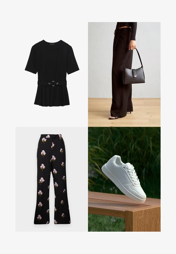 Černé krátké tričko vyrobené z hladkého materiálu, s peplum designem a opaskem v pase, ozdobené dvěma kulatými, stříbrnými knoflíky.; Černé květinové kalhoty s fialovým květinovým vyšíváním, zúžený střih, široké nohavice a detaily na pase. Měkká tkanina s hladkou texturou.; Bílé tenisky s hladkým syntetickým svrškem, perforovanou špičkou, plochými tkaničkami a texturovanou podrážkou, vystavené na dřevěném povrchu.; Černá kabelka se strukturovaným tvarem, hladkým povrchem a kovovým uzávěrem. Kombinována s širokými černými kalhotami a sandály s otevřenou špičkou na dřevěné podlaze.