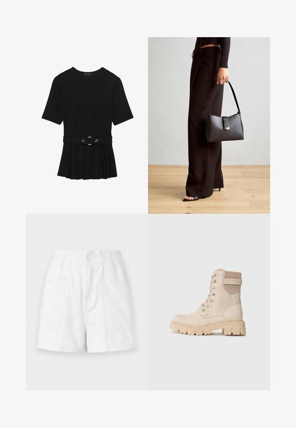 Top negru cu mâneci scurte, realizat dintr-un material neted, cu un design peplum și o talie beltată cu două butoane rotunde de culoare argintie.; Shorts din bumbac alb cu talie elastică, având un nasture în față, două buzunare laterale și un design curat și simplu.; Bocanci antrenați bej, cu șireturi, realizați din piele netedă, cu un accent din țesătură texturată, având o talpă robustă și logo. ; Genți negre cu o formă structurată, textură netedă și un închizător metalic. Asortată cu pantaloni negri largi și sandale cu vârf deschis pe un podea din lemn.