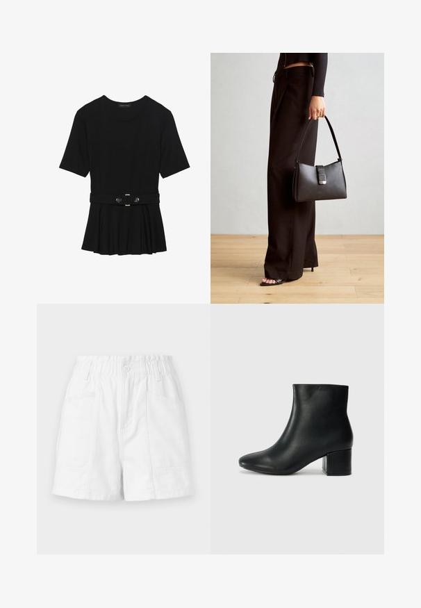 Juodas trumpomis rankovėmis viršus, pagamintas iš lygaus audinio, su peplum dizainu ir su diržu juosmenyje, papuoštas dviem apvaliomis sidabro spalvos mygtukais.; Balti medvilniniai šortai su elastingu juosmeniu, turintys priekinį mygtuką, dvi šonines kišenes ir švarų, paprastą dizainą.; Juodos odinės aulinės botai su smailiu priekiniu pirštu ir storu kulnu. Lygus tekstūra su minimaliomis detalėmis ir elegantišku, tvirtai priglundančiu dizainu.; Juodas rankinė struktūrizuota forma, lygi tekstūra ir metalinis užsegimas. Suporuota su plačiomis juodomis kelnėmis ir atvirais bateliais ant medinių grindų.