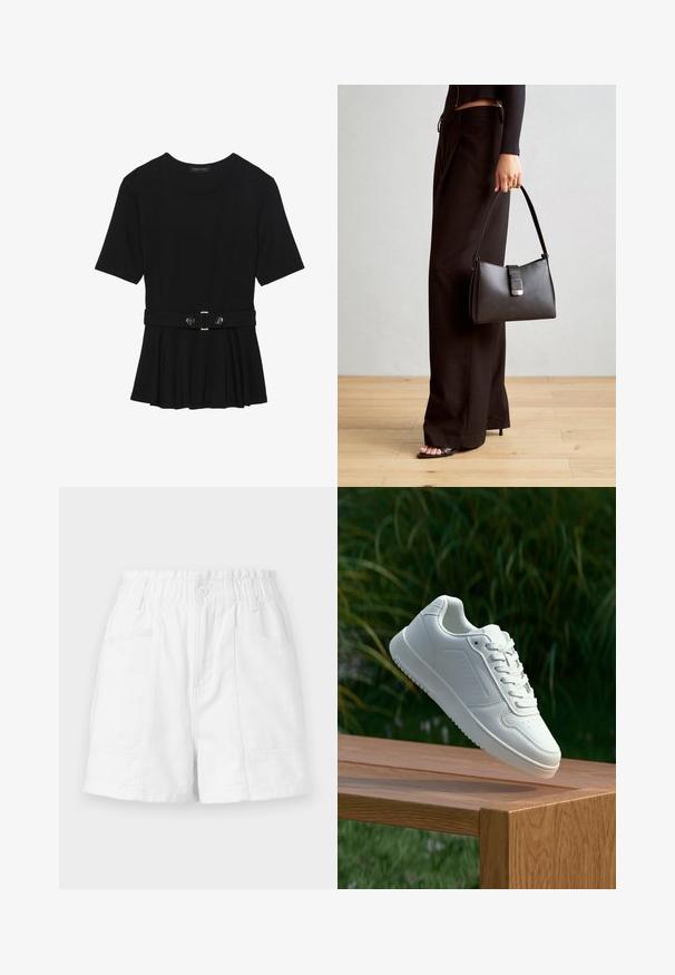 Top negro de manga corta fabricado en un material suave, con un diseño de peplum y una cintura ceñida con un cinturón que incluye dos botones redondos en tono plateado.; Pantalones cortos de algodón blancos con cintura elástica, que cuentan con un botón delantero, dos bolsillos laterales y un diseño limpio y simple.; Zapatilla blanca con un upper sintético suave, caja de dedos perforada, cordones planos y una suela texturizada, exhibida sobre una superficie de madera.; Bolso negro con forma estructurada, textura suave y un cierre metálico. Combinado con pantalones anchos negros y sandalias de dedo en un suelo de madera.