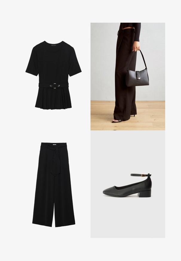 Top negro de manga corta fabricado en un material suave, con un diseño de peplum y una cintura ceñida con un cinturón que incluye dos botones redondos en tono plateado.; Pantalones de pierna ancha negros con un tejido texturizado, una cinturilla elástica y un lazo desmontable en la cintura para un ajuste ajustable.; Zapato de tacón negro de cuero con punta afilada y tacón bajo cuadrado. Presenta una correa para el tobillo con una hebilla en tono dorado. Textura suave.; Bolso negro con forma estructurada, textura suave y un cierre metálico. Combinado con pantalones anchos negros y sandalias de dedo en un suelo de madera.