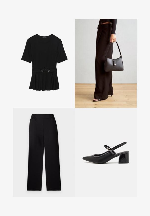 Haut noir à manches courtes fabriqué en matériau lisse, avec un design peplum et une taille ceinturée ornée de deux boutons ronds en métal argenté.; Pantalon large plissé noir avec une taille élastique. Le matériau a une finition texturée. Pas de quincaillerie visible ni de motifs.; Escarpins slingback en cuir verni noir avec un embout pointu, un design à découpes arrondies et un talon carré. Présente un accent de boucle en ton doré.; Sac à main noir à la forme structurée, texture lisse et fermoir métallique. Associé à un pantalon noir ample et des sandales ouvertes sur un sol en bois.