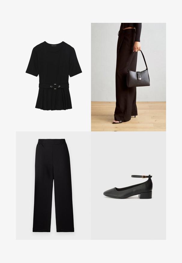 Črn kratek rokav srajca iz gladkega materiala, z obliko pepluma in pasom s pasom ter dvema okroglega srebrno-toniranima gumboma.; Črne široke hlače s plisejem in elastičnim pasom. Material ima teksturiran zaključek. Brez vidne opreme ali vzorcev.; Črne usnjene pumpice z nazobčanimi prsti in nizko blokasto peto. Imajo trak okoli gležnja z zaponko v zlatem tonu. Gladka tekstura.; Črna torbica z strukturirano obliko, gladko teksturo in kovinskim zaponko. Ujemajo se z širokimi črnimi hlačami in odprtimi sandali na lesenem tleh.