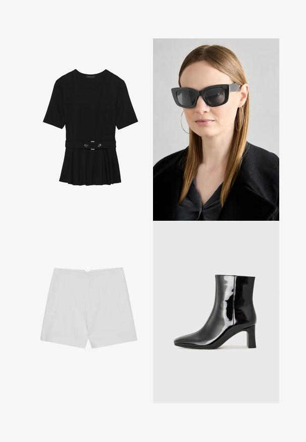 Black short-sleeve top made of smooth material, featuring a peplum design and a belted waist with two round, silver-tone buttons.; White shorts featuring a tailored design, flat front, two side pockets, and a clean hem. Made from a smooth fabric with no visible patterns.; Black patent leather ankle boot with a pointed toe and a mid-height block heel. Smooth texture and minimalist design.; Black cat-eye sunglasses with dark lenses, thick frames, and subtle accents. Worn with a black coat and gray top, featuring long straight hair.