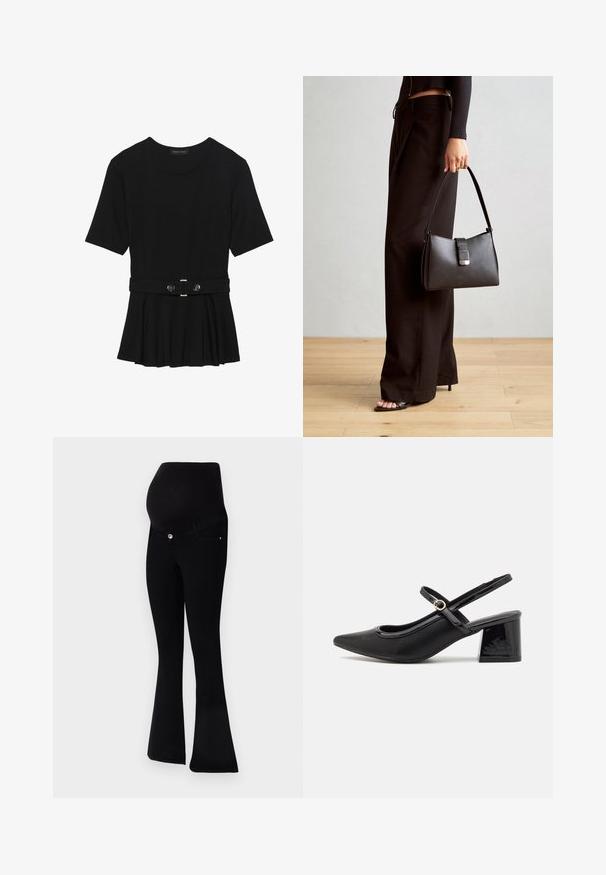 Zwart топ met korte mouwen van glad materiaal, voorzien van een peplum ontwerp en een riem in de taille met twee ronde, zilverkleurige knopen.; Zwarte zwangerschapsjeans met een flare-pasvorm, zachte stof, een hoge tailleband voor ondersteuning en een knoopsluiting aan de voorkant.; Zwarte gepolijste leren slingback hakken met een spitse neus, een ronde uitsnede en een blokhak. Voorzien van een gouden gespaccent.; Zwarte handtas met gestructureerde vorm, gladde textuur en een metalen sluiting. Gecombineerd met brede zwarte broeken en sandalen met open teen op een houten vloer.