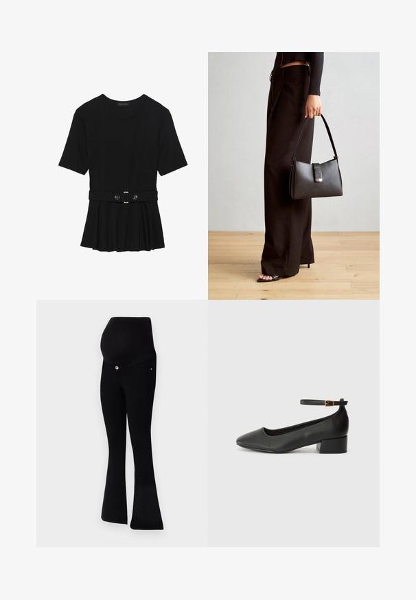 Top negru cu mâneci scurte, realizat dintr-un material neted, cu un design peplum și o talie beltată cu două butoane rotunde de culoare argintie.; Jeans de maternitate negre cu design evazat, material moale, talie înaltă pentru susținere și închidere cu buton în față.; Pantof cu toc negru din piele, cu vârf ascuțit și toc mic pătrat. Dispune de o curea la gleznă cu o cataramă în tonuri de aur. Textură netedă.; Genți negre cu o formă structurată, textură netedă și un închizător metalic. Asortată cu pantaloni negri largi și sandale cu vârf deschis pe un podea din lemn.