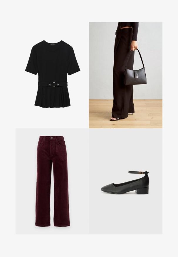 Melnas īsām piedurknēm topiņš, izgatavots no gludas materiāla, ar pepluma dizainu un jostu ar divām apaļām sudraba krāsas pogām.; Burgundijas krāsa korduroja taisna piegriezuma bikses ar augstu jostasvietu, piecām kabatām un priekšējo metāla pogu aizdari. Tekstūrēts audums ar vertikālu ribojumu.; Melnas ādas sūkņi ar smailu purngalu un zemu bloku papēdi. Iezīmēts ar potītes siksniņu ar zelta krāsas sprādzi. Gluda tekstūra.; Melnā somiņa ar strukturētu formu, gludu tekstūru un metālu sprādzi. Saskaņota ar platām melnām biksēm un sandālēm ar atvērtu purngalu uz koka grīdas.