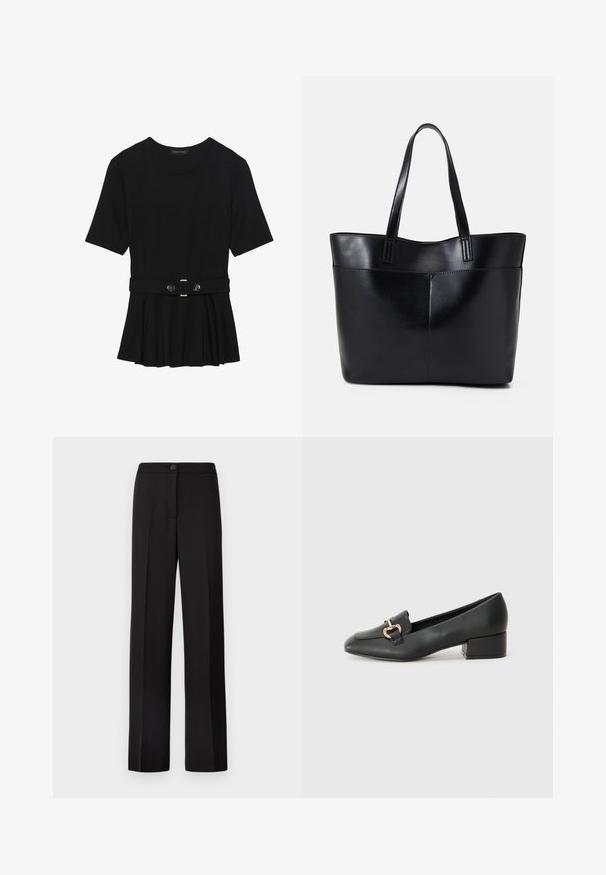 Fekete, rövid ujjú felső sima anyagból, peplum fazonnal és övvel a deréknál, két kerek, ezüst árnyalatú gombbal.; Fekete nadrág, egyenes szabású, gombbal zárható, lapos elejű és látható zsebek nélkül. Simább anyag, testhezálló fazonnal.; Fekete bőr loaferek lapos talppal, dekoratív arany hardware részlettel az elején és sima felülettel.; Fekete bőr bevásárlótáska két hosszú fogantyúval, sima felülettel és strukturált formával. Elülső zseb található rajta a plusz tárolás érdekében.