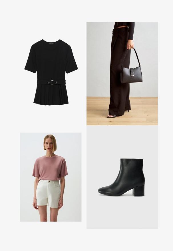 Zwart топ met korte mouwen van glad materiaal, voorzien van een peplum ontwerp en een riem in de taille met twee ronde, zilverkleurige knopen.; Jimmy Key HIGH WAIST - Jeansshort - ecru; Zwarte leren enkellaarzen met een spitse neus en een chunky hak. Gladde textuur met minimale accenten en een slank, strakk ontwerp.; Zwarte handtas met gestructureerde vorm, gladde textuur en een metalen sluiting. Gecombineerd met brede zwarte broeken en sandalen met open teen op een houten vloer.