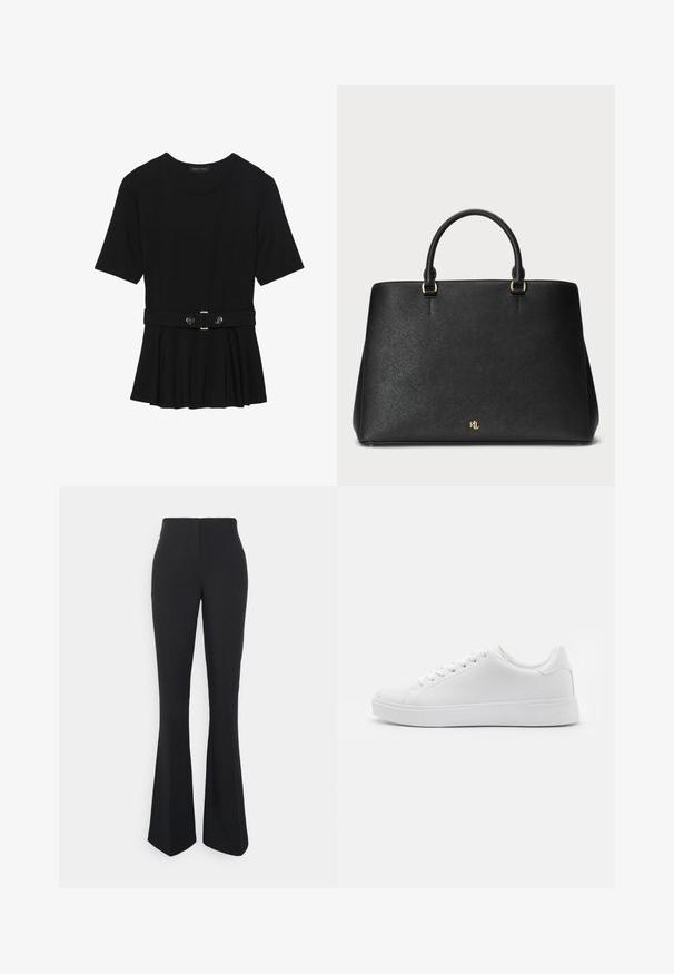 Crna majica kratkih rukava od glatkog materijala, s peplum dizajnom i pojasom s dva okrugla srebrna dugmeta.; ONLY Tall ONLEDINA FLARE PANT - Hlače - black; Bijele tenisice s glatkim sintetičkim gornjim dijelom, okruglim nožnim prstom, šest rupa za vezanje i niskoprofilnom gumenom potplatom s teksturiranim detaljima.; Crna kožna torba sa strukturiranim dizajnom, glatkom teksturom i dva gornja drška. Ima zlatne detalje i logo na dnu.