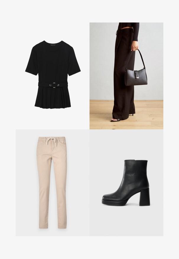 Top negru cu mâneci scurte, realizat dintr-un material neted, cu un design peplum și o talie beltată cu două butoane rotunde de culoare argintie.; Pantaloni din bumbac bej cu dungi, cu talie elastică, picioare conice și două buzunare frontale. Textură netedă, design casual.; Botină din piele neagră, cu toc pătrat și talpă platformă, văzută din lateral pe un fundal alb simplu.; Genți negre cu o formă structurată, textură netedă și un închizător metalic. Asortată cu pantaloni negri largi și sandale cu vârf deschis pe un podea din lemn.