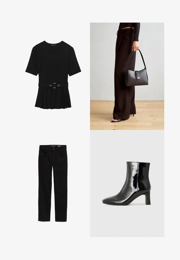 Juodas trumpomis rankovėmis viršus, pagamintas iš lygaus audinio, su peplum dizainu ir su diržu juosmenyje, papuoštas dviem apvaliomis sidabro spalvos mygtukais.; Juodi tiesūs džinsai, pagaminti iš džinsinio audinio, su mygtuku ir užtrauktuku, dviem priekinėmis kišenėmis ir subtiliais tekstūros akcentais.; Juodos lakuotos odinės aulinukės su smailiu pirštu ir vidutinio aukščio blokuotu kulnu. Lygus paviršius ir minimalistinis dizainas.; Juodas rankinė struktūrizuota forma, lygi tekstūra ir metalinis užsegimas. Suporuota su plačiomis juodomis kelnėmis ir atvirais bateliais ant medinių grindų.