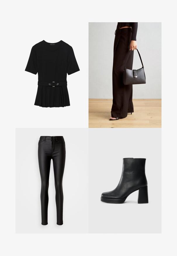 Top preto de mangas curtas, feito de material suave, com design peplum e uma cintura cinto com dois botões redondos em tom prateado.; Calças skinny em imitação de couro preto com uma textura suave, cintura alta, fecho de botão e design tradicional de cinco bolsos.; Bota de couro preta até ao tornozelo com salto bloco e sola com plataforma, vista de lado sobre um fundo branco liso.; Bolsa preta com forma estruturada, textura suave e um fecho metálico. Combinada com calças largas pretas e sandálias de salto aberto sobre um chão de madeira.