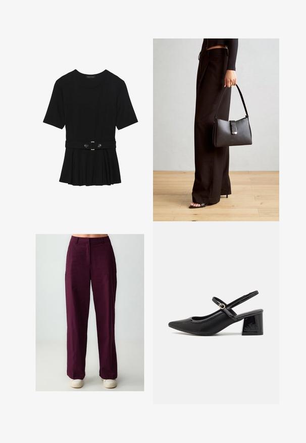 Czarna bluzka krótki rękaw wykonana z gładkiego materiału, z fasonem peplum i paskiem w talii z dwoma okrągłymi, srebrnymi guzikami.; Burgundowe spodnie szerokie o gładkiej fakturze, z przodem z fałdą i bocznymi kieszeniami, w połączeniu z białymi trampkami.; Czarne lakierowane czółenka na słupku ze spiczastym noskiem, lekko zaokrąglonym wycięciem i obcasem w kształcie bloku. Posiadają złotą klamrę jako akcent dekoracyjny.; Czarna torebka o usztywnionym kształcie, gładkiej fakturze i metalowym zapięciem. Połączona z szerokimi czarnymi spodniami i sandałami na otwartym palcu na drewnianej podłodze.